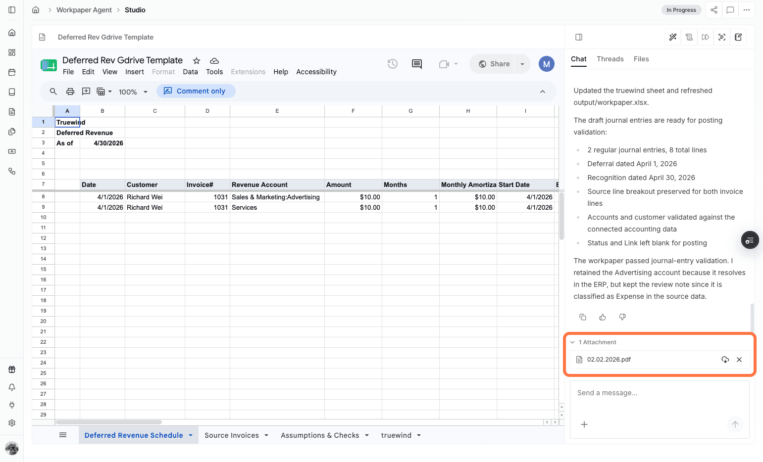 Screenshot showing an attachment added to Workpaper Agent Chat