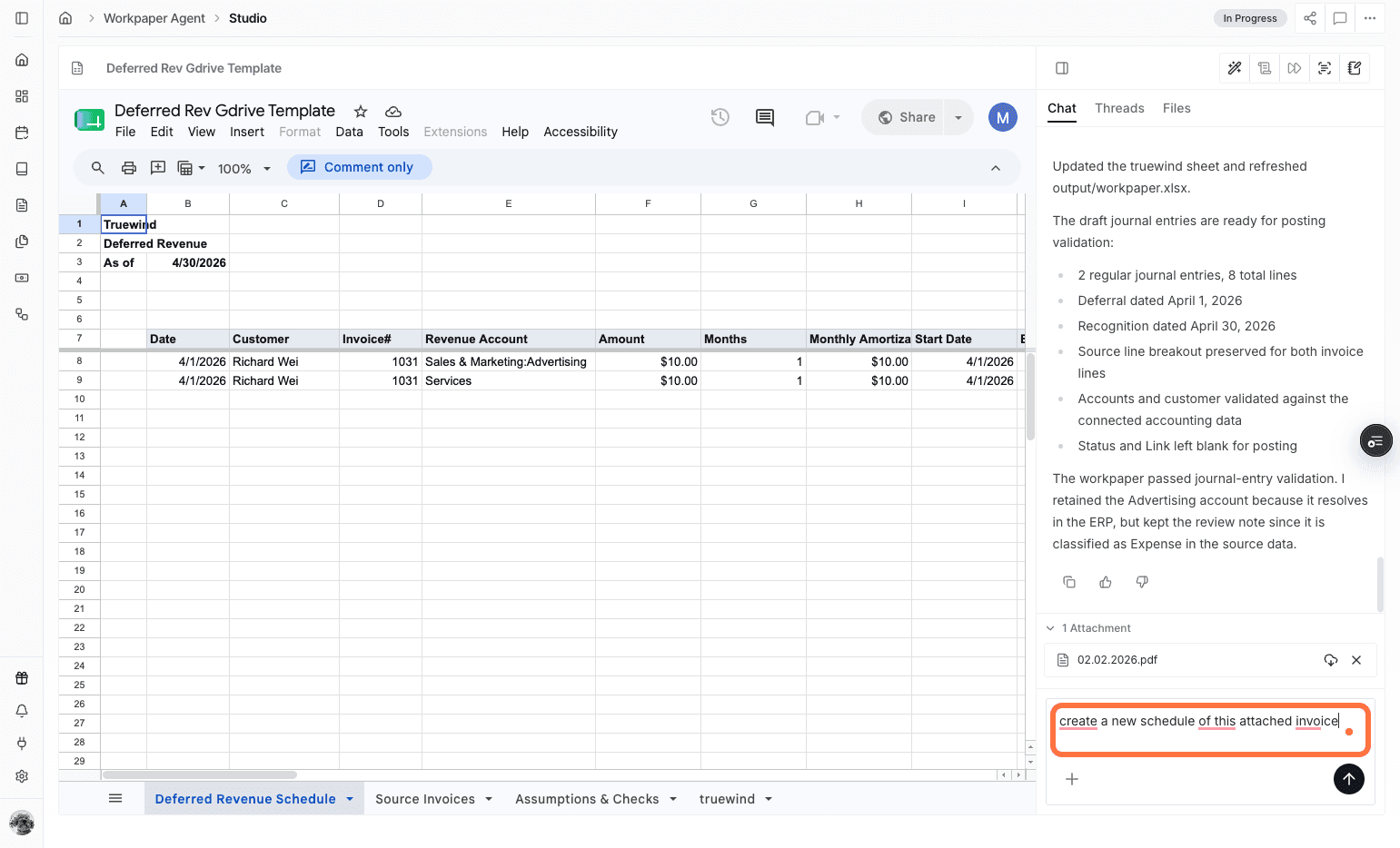 Screenshot showing a prompt entered in Workpaper Agent Chat