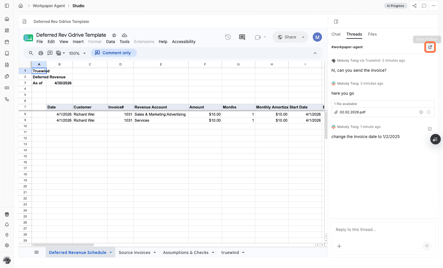 Screenshot showing the Slack entry point in Workpaper Agent Threads