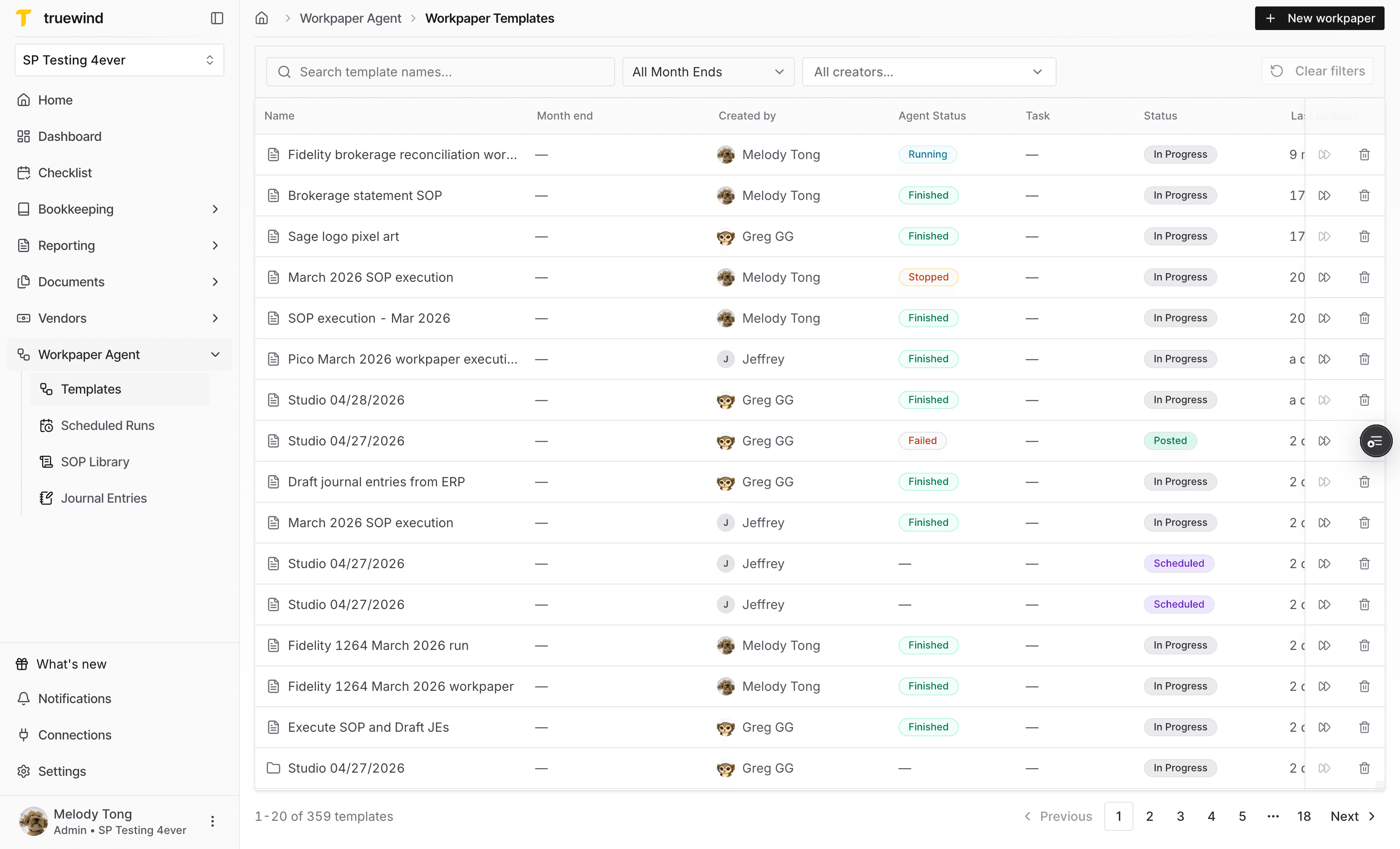 Screenshot showing the New workpaper action.