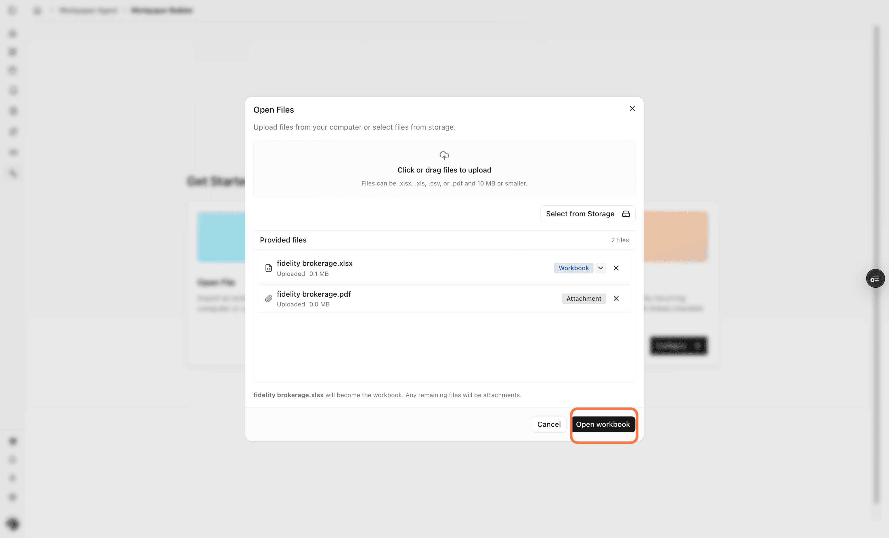 Screenshot showing uploaded files and file type controls.