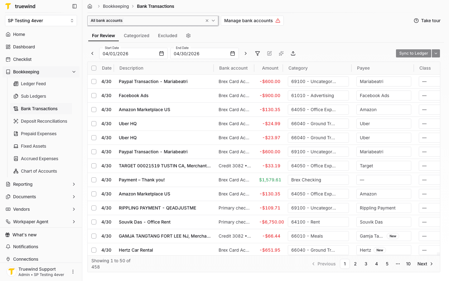 Bank Transactions page with SP Testing 4ever selected and all bank accounts visible.