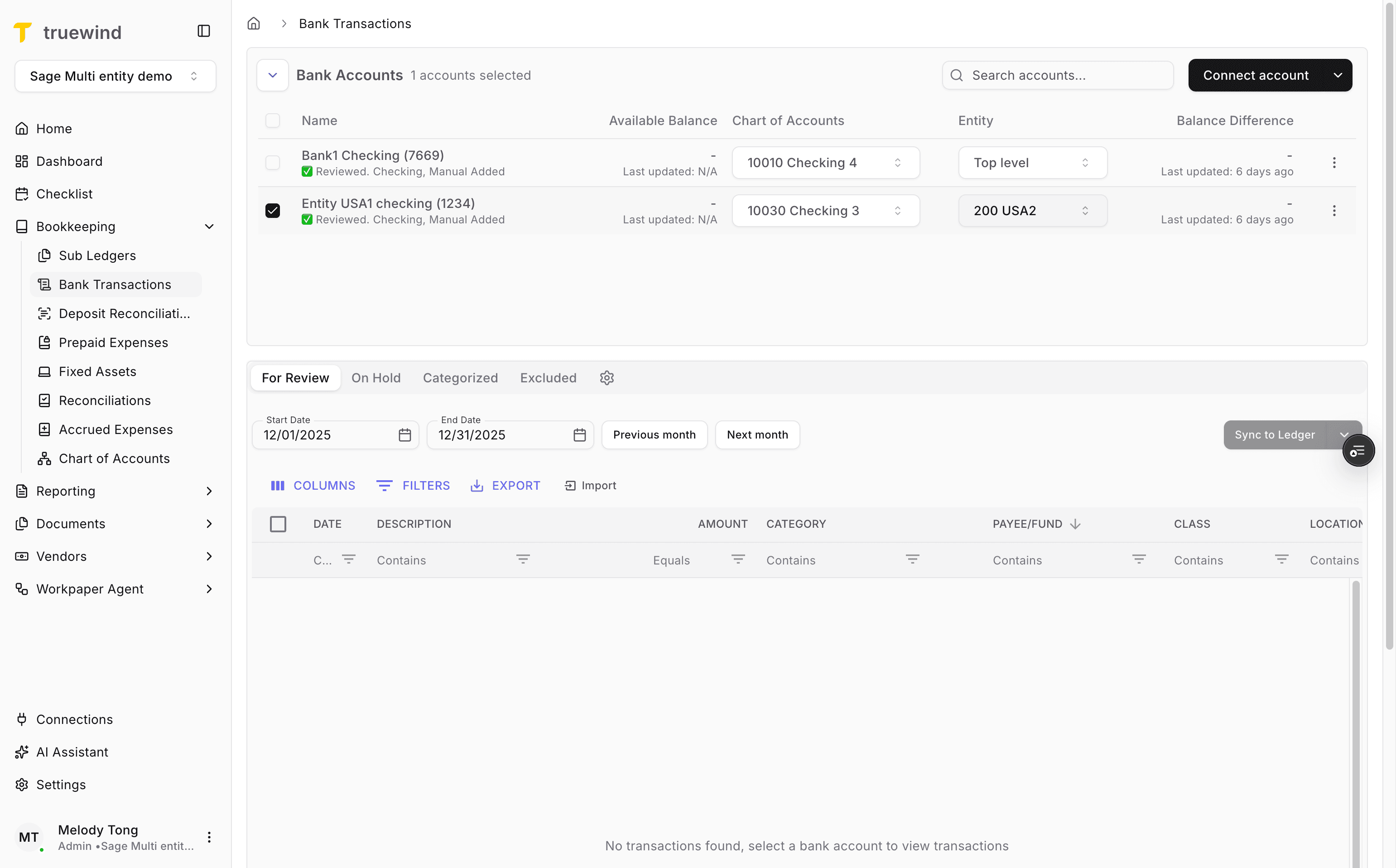Screenshot showing Assign an entity to a bank account