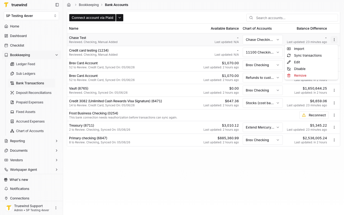 Bank account row actions menu showing Edit as an available action.