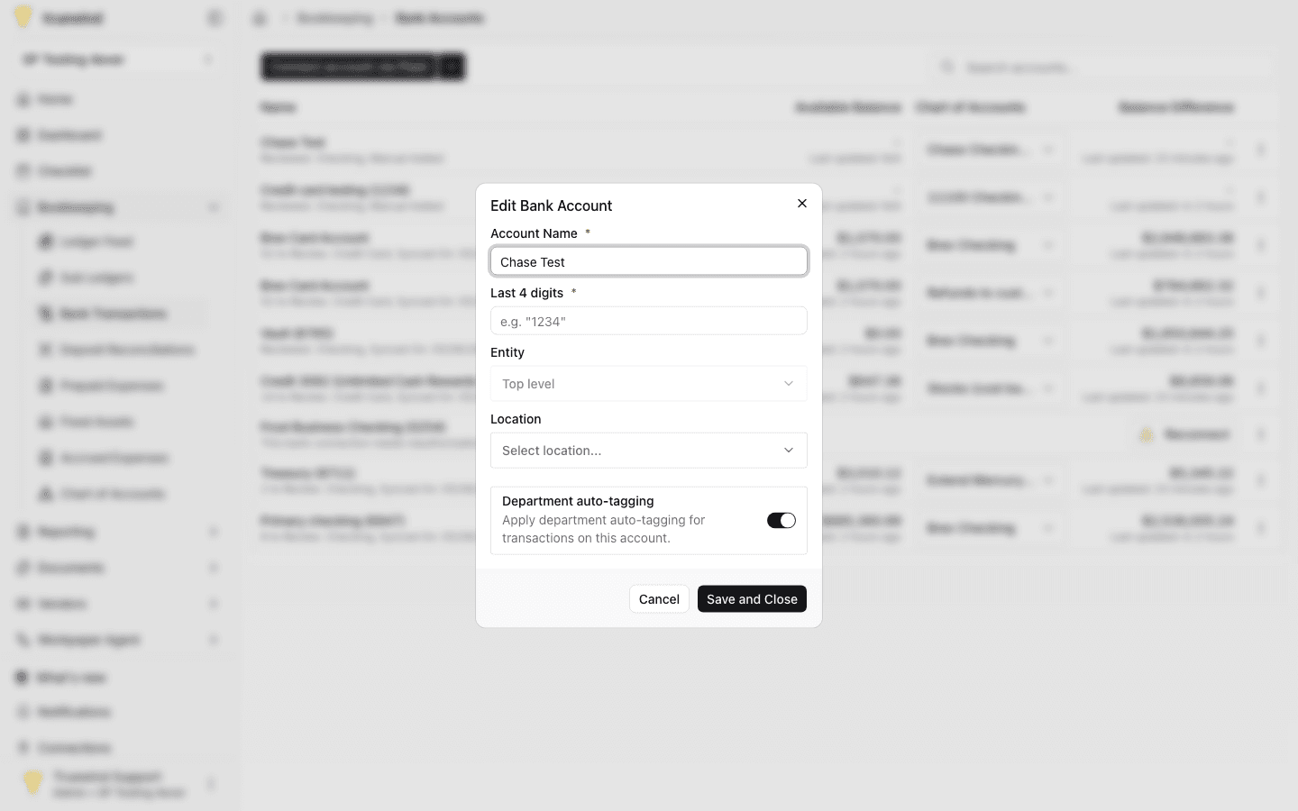Edit Bank Account dialog with entity and location assignment fields.