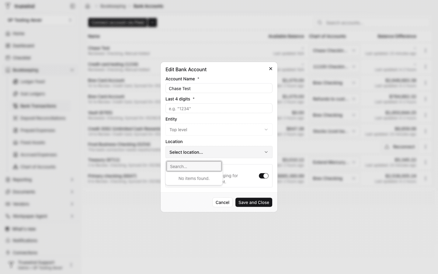 Edit Bank Account dialog with the location selector open for bank-level assignment review.