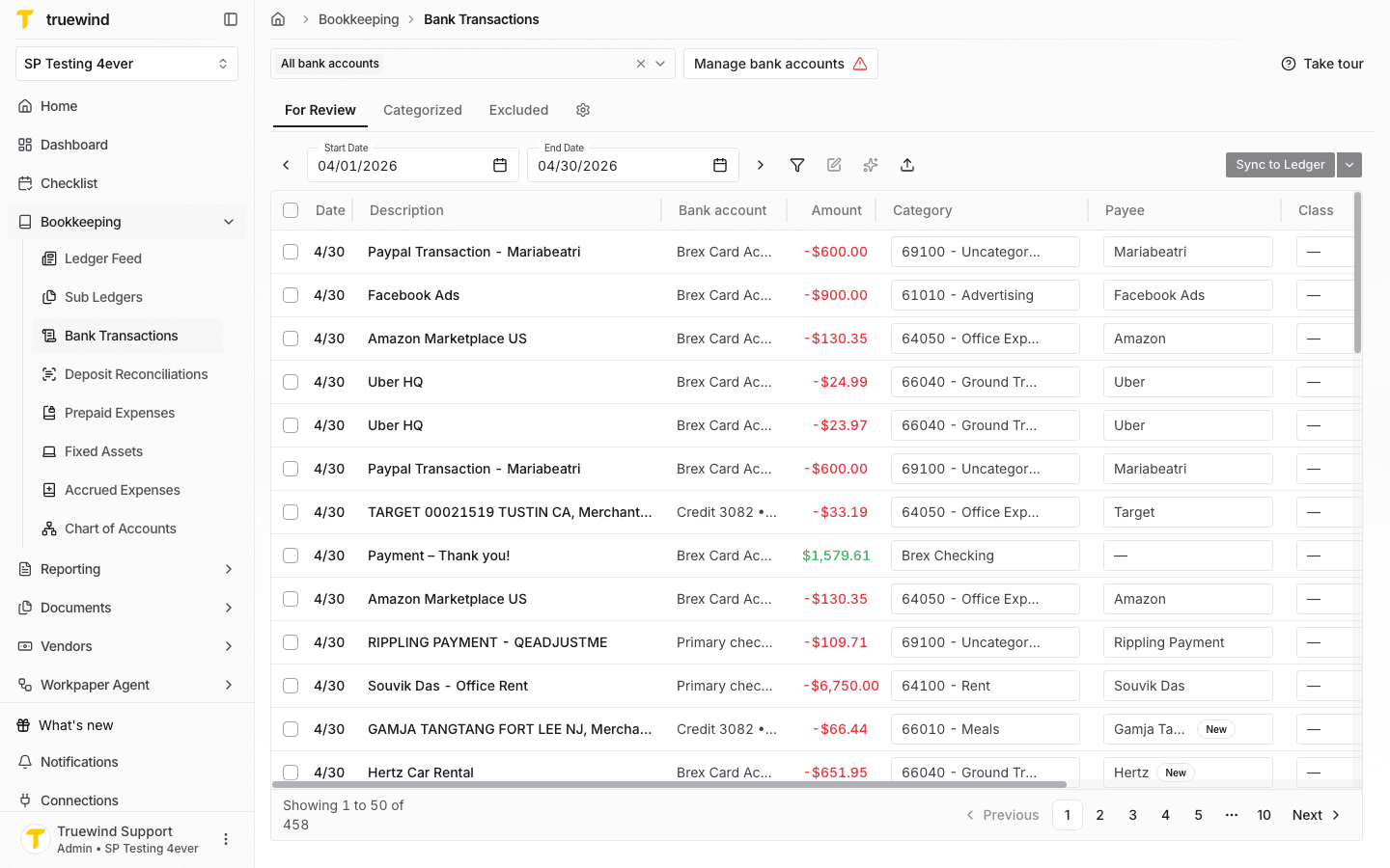 Bank Transactions page with all bank accounts selected for review.