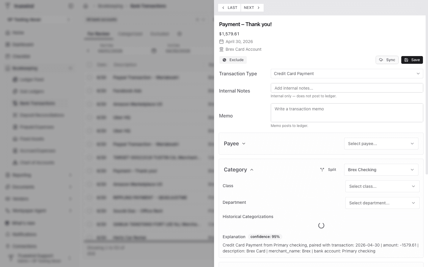 Transaction side panel open with category, class, department, and sync controls visible.