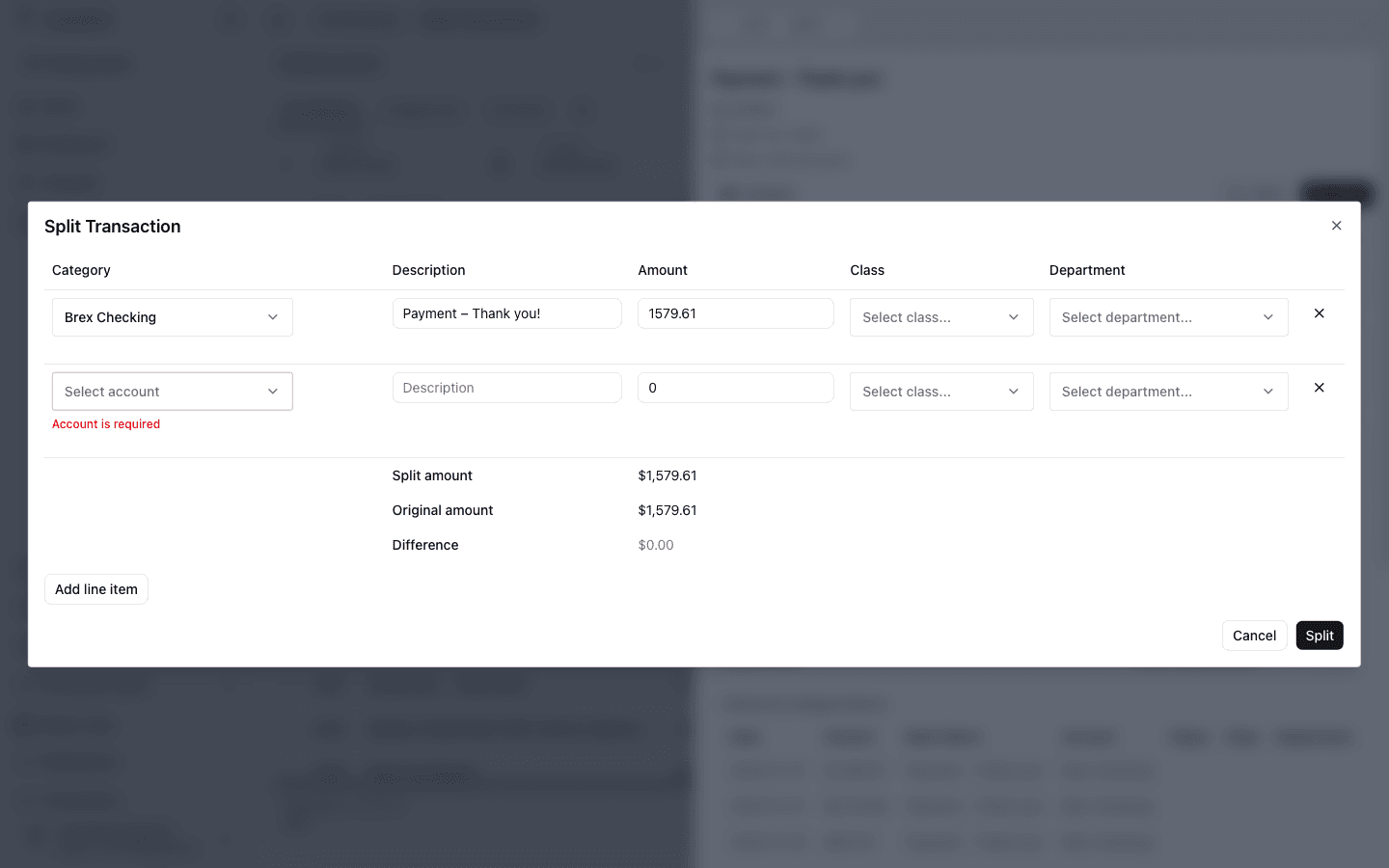 Split Transaction dialog showing line-item category, amount, class, and department fields.