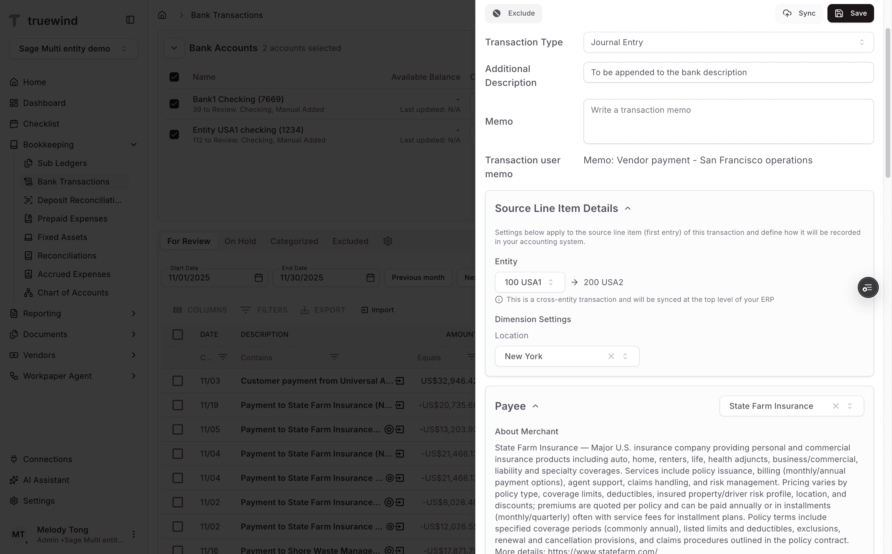 Screenshot showing If it’s an inter-entity transfer, you will notice an annotation
