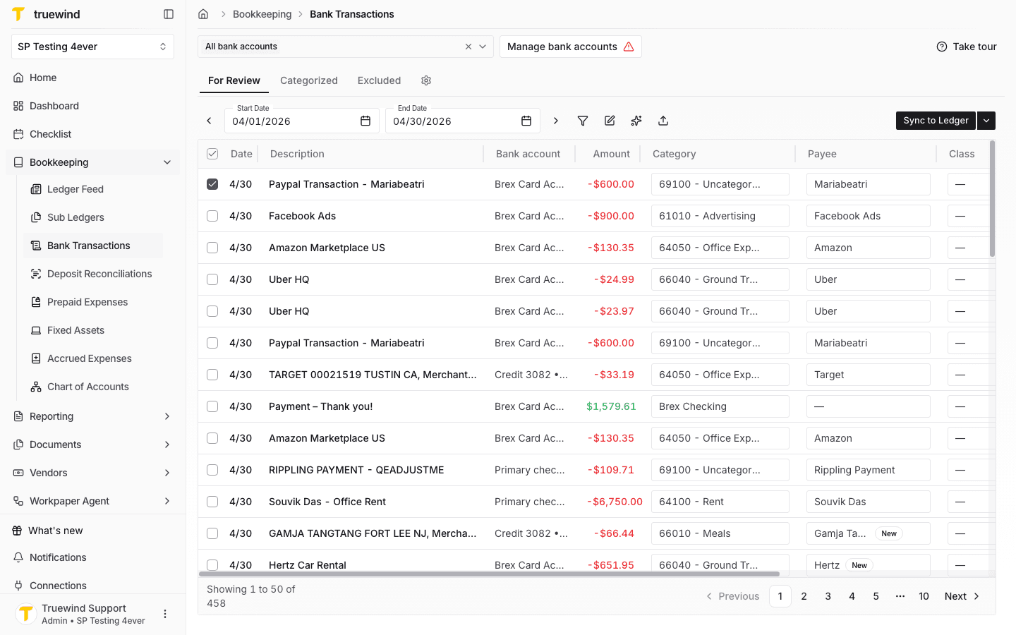 Screenshot showing one ready transaction selected in the Bank Transactions table.