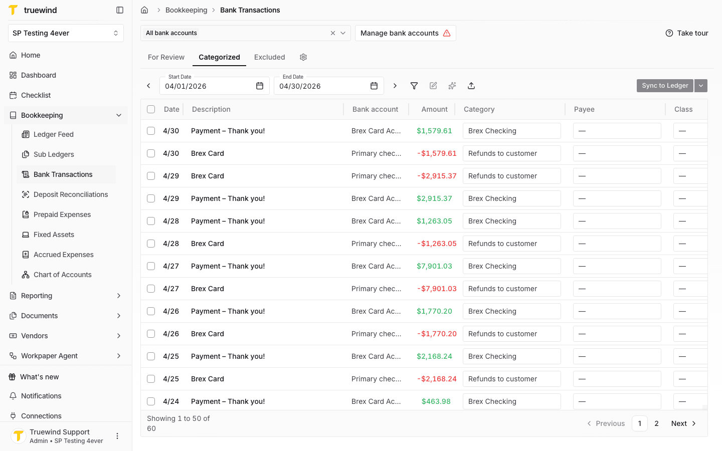 Screenshot showing the Categorized tab with synced and matched transactions.