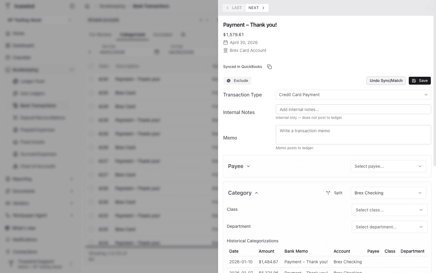 Screenshot showing a synced transaction detail panel with the Synced in QuickBooks link visible.