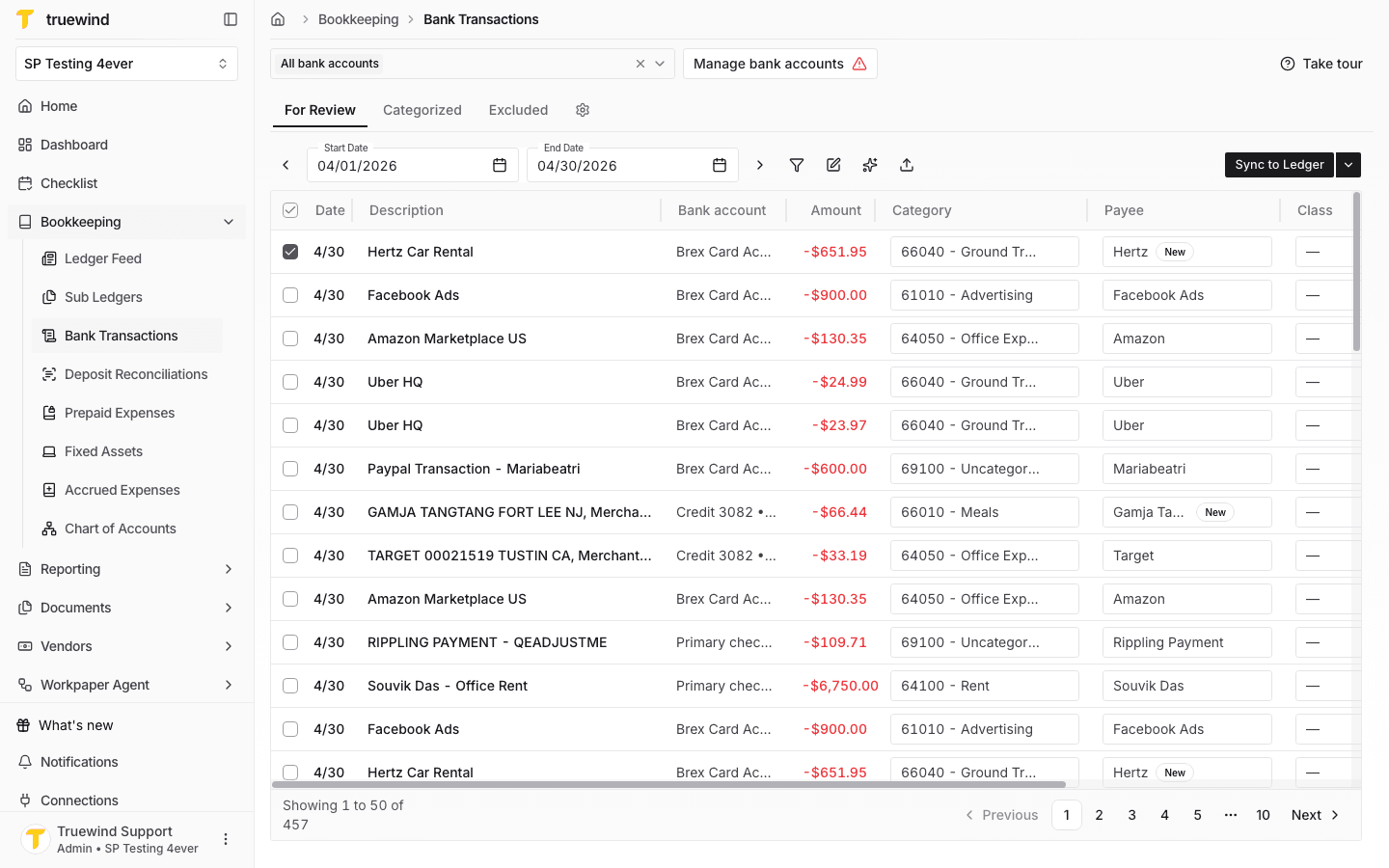 Screenshot showing one transaction row selected in the Bank Transactions table.