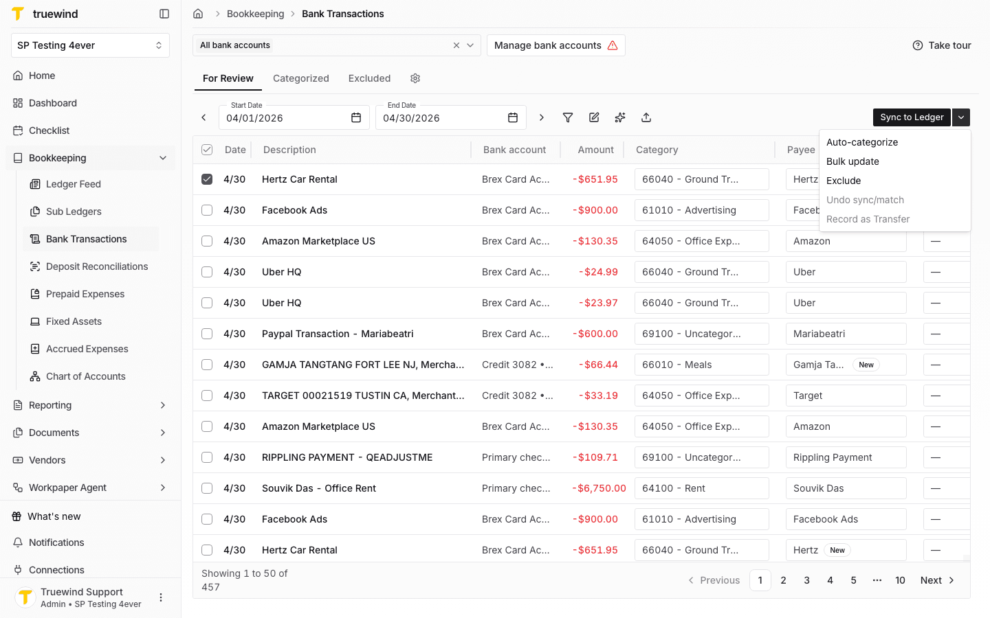 Screenshot showing the transaction actions menu with Auto-categorize available for the selected row.