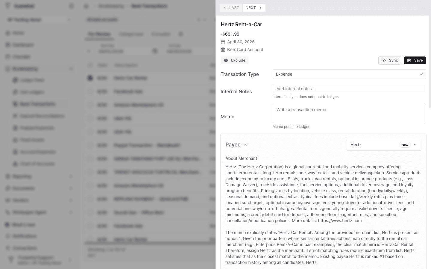 Screenshot showing a categorized transaction opened in the detail panel.