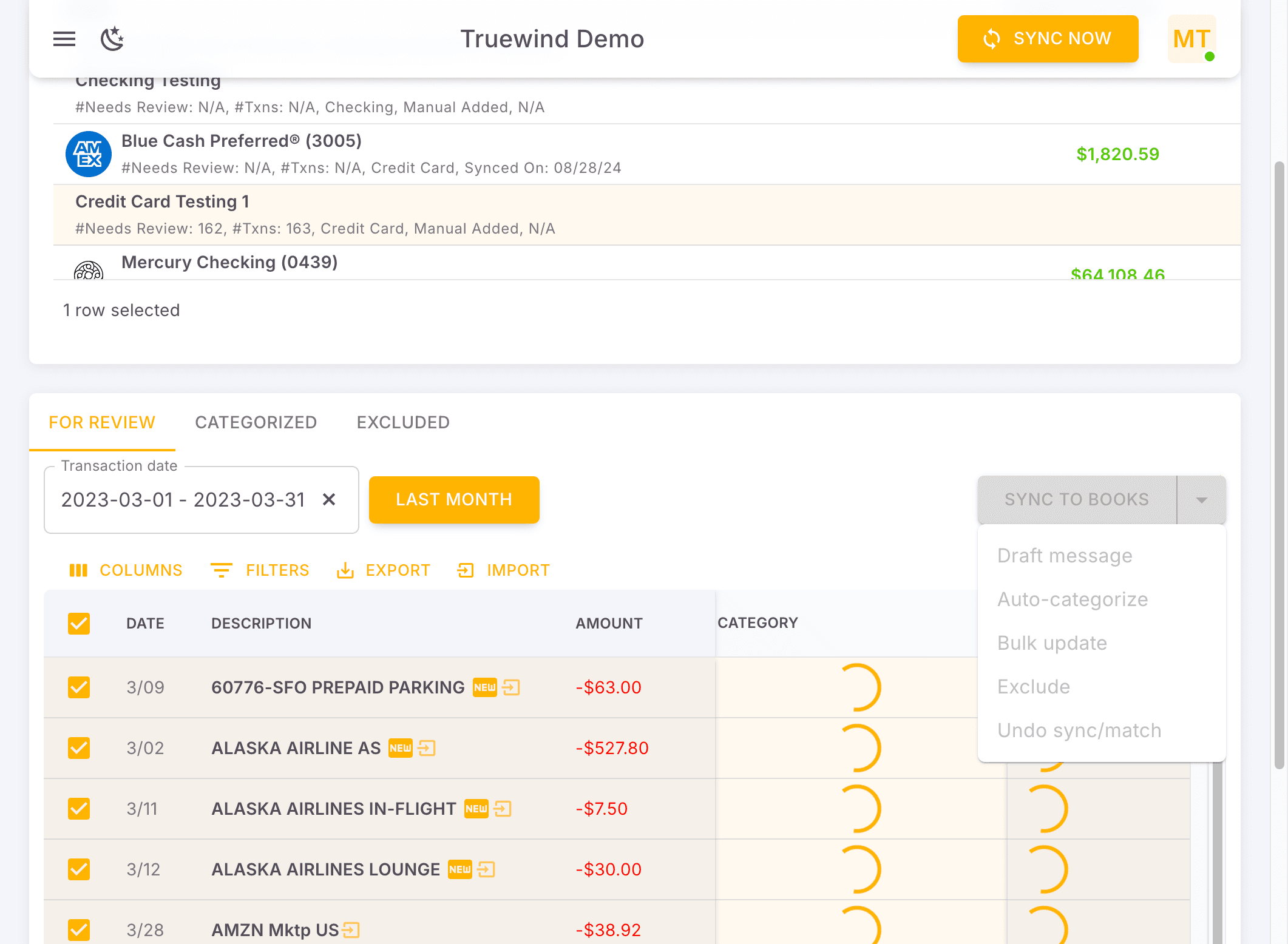 Screenshot showing Truewind is auto-categorizing transactions. It will be loading for seconds