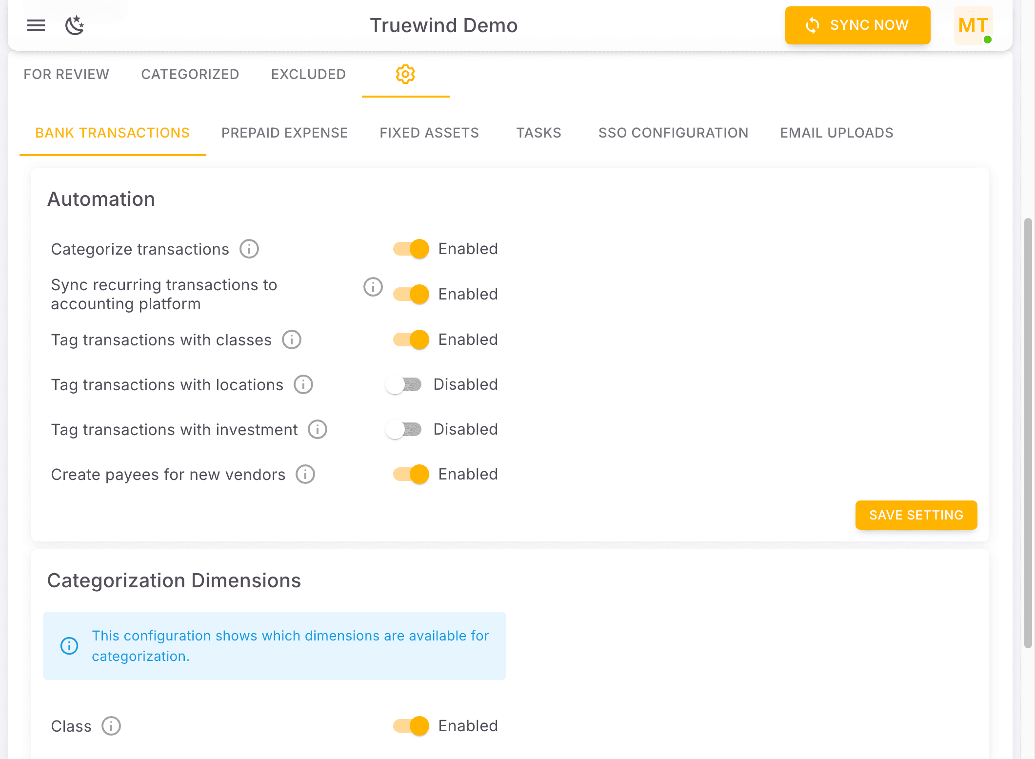 Screenshot showing You can see a setting icon in the bank transaction feed
