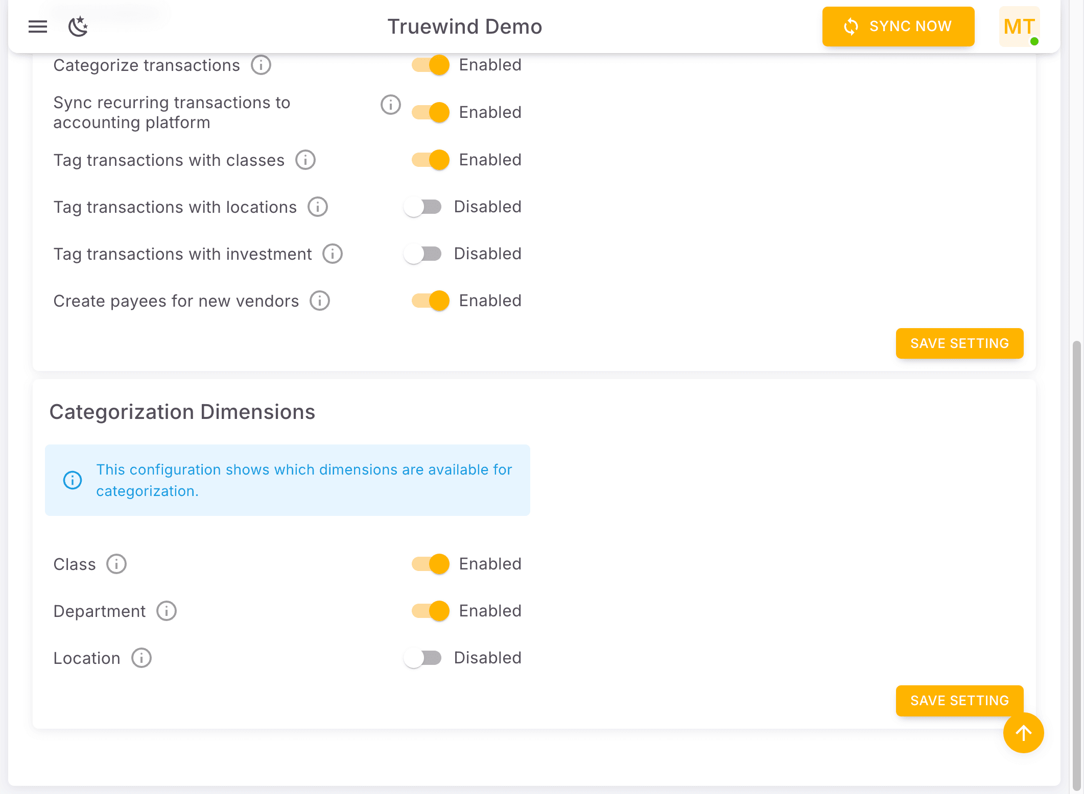 Screenshot showing You are able to change the setting for all accounting modules