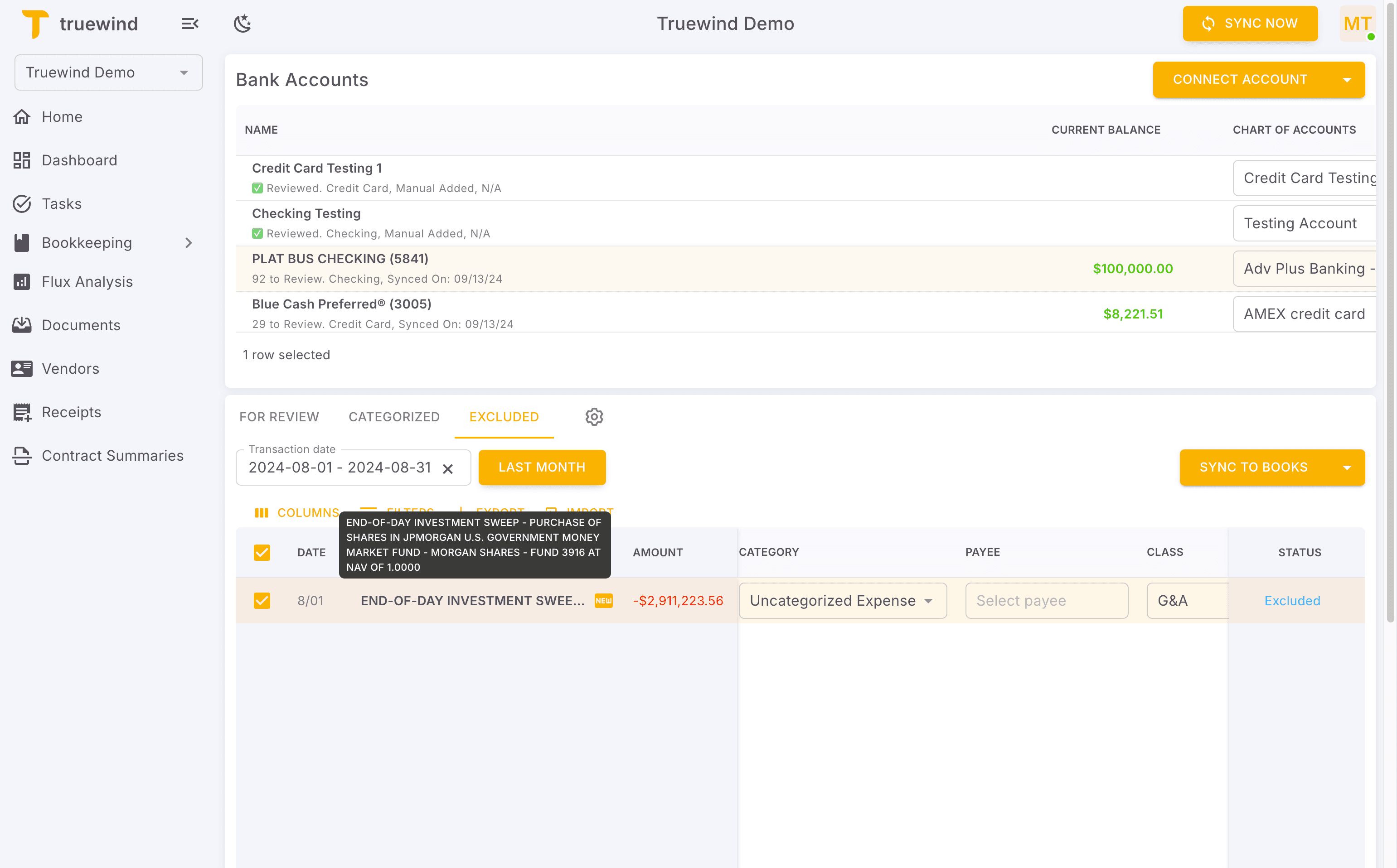 Screenshot showing Click END-OF-DAY INVESTMENT SWEEP - PURCHASE OF SHARES IN JPMORGAN U.S. GOVERNMENT MONEY MARKET FUND - MORGAN SHARES - FUND 3916 AT NAV OF 1.0000