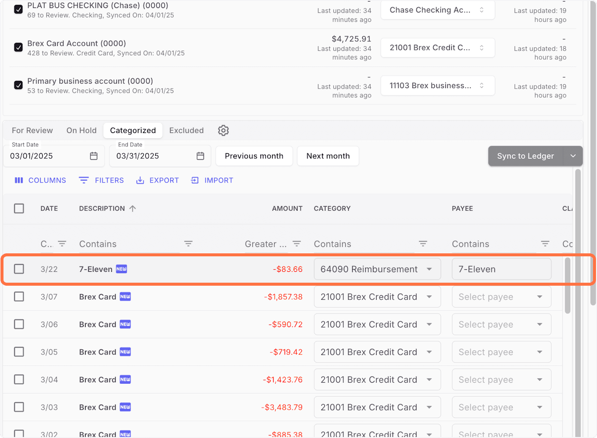 Screenshot showing Click 3/22 7-Eleven -$83.66 0.8