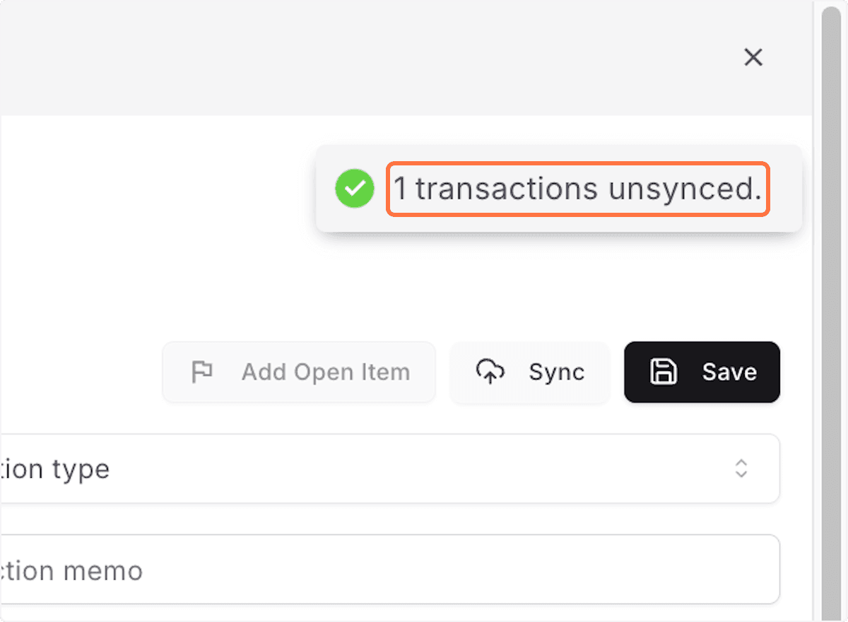 Screenshot showing Click 1 transactions unsynced