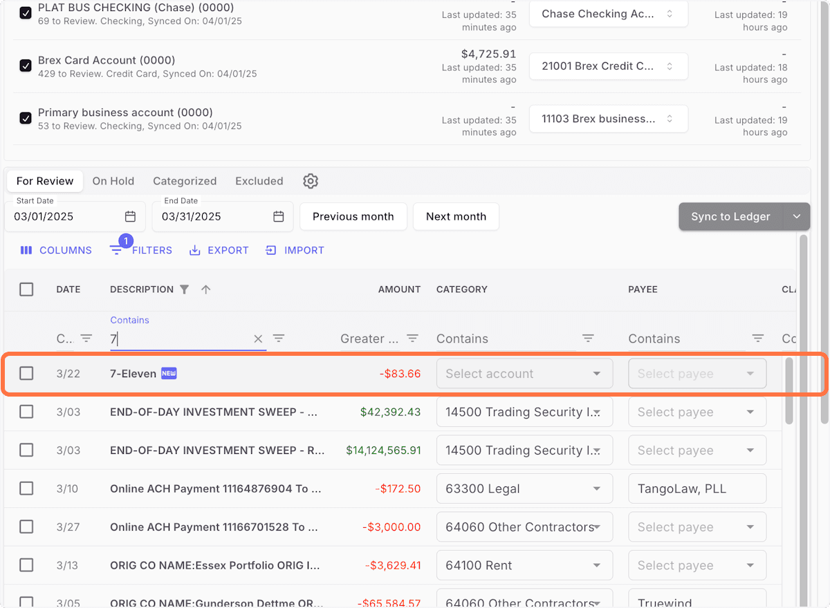 Screenshot showing Click 3/22 7-Eleven -$83.66 N/A