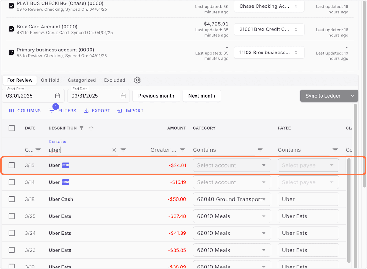 Screenshot showing Click 3/15 Uber -$24.01 N/A