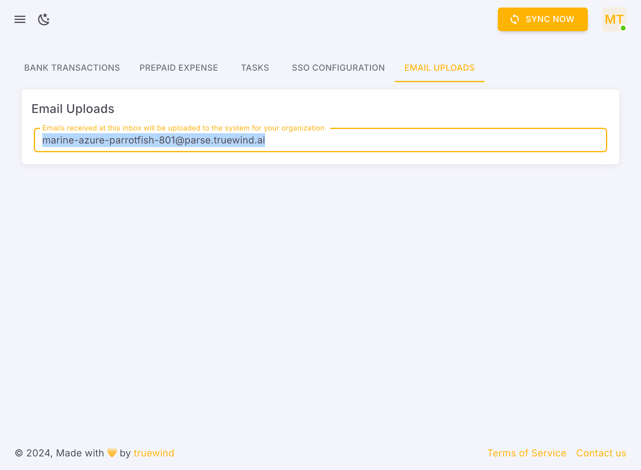 Screenshot showing This is an unique email for documents uploading