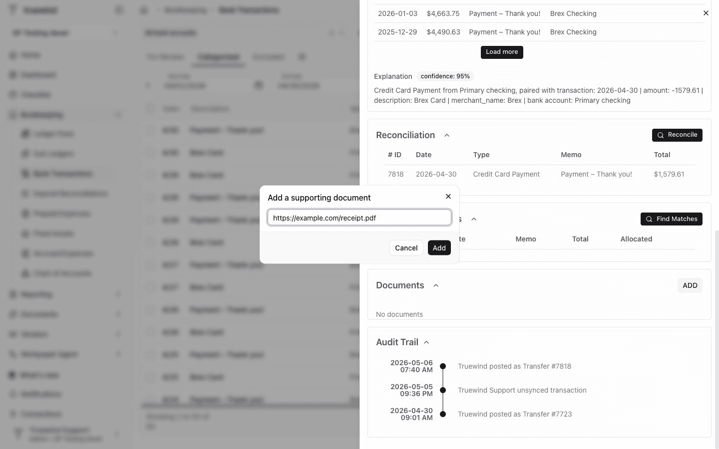 Screenshot showing an HTTPS supporting document URL entered in the Add a supporting document dialog.