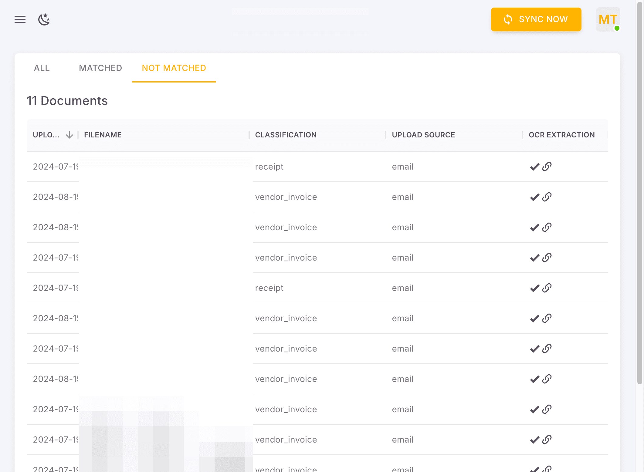 Screenshot showing Under NOT MATCHED, these are the documents not automatically matched with a transaction. You can match the transaction manually