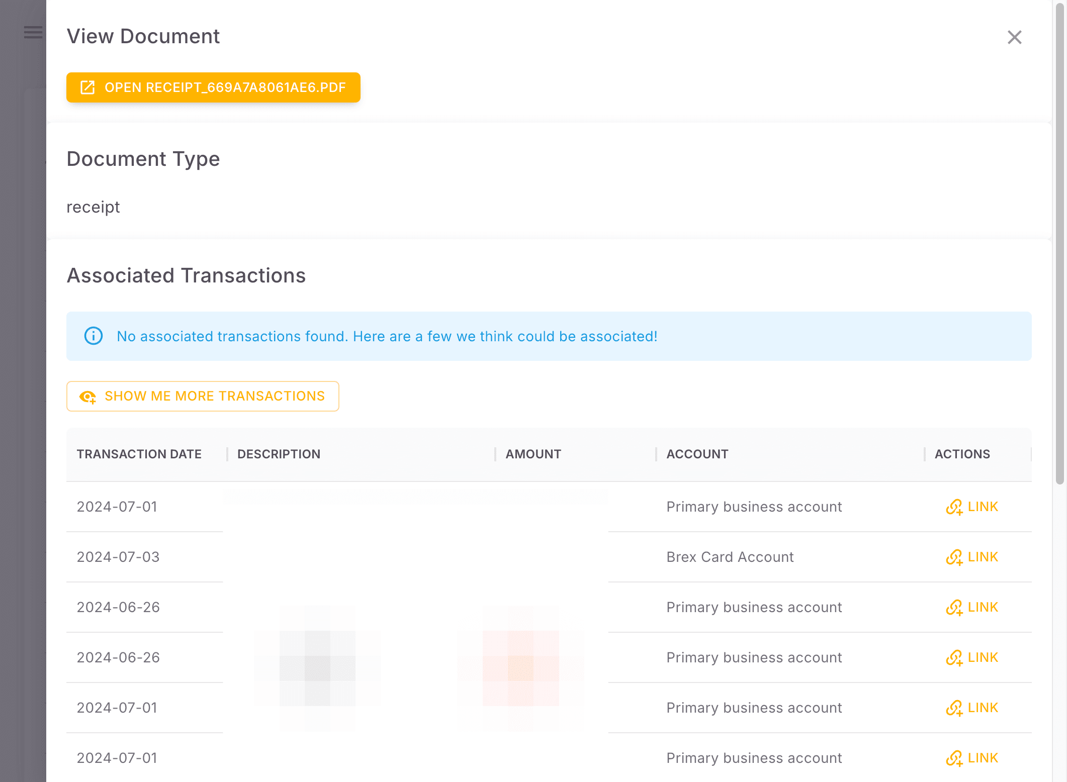 Screenshot showing Click one of the transactions. You can link transactions manually
