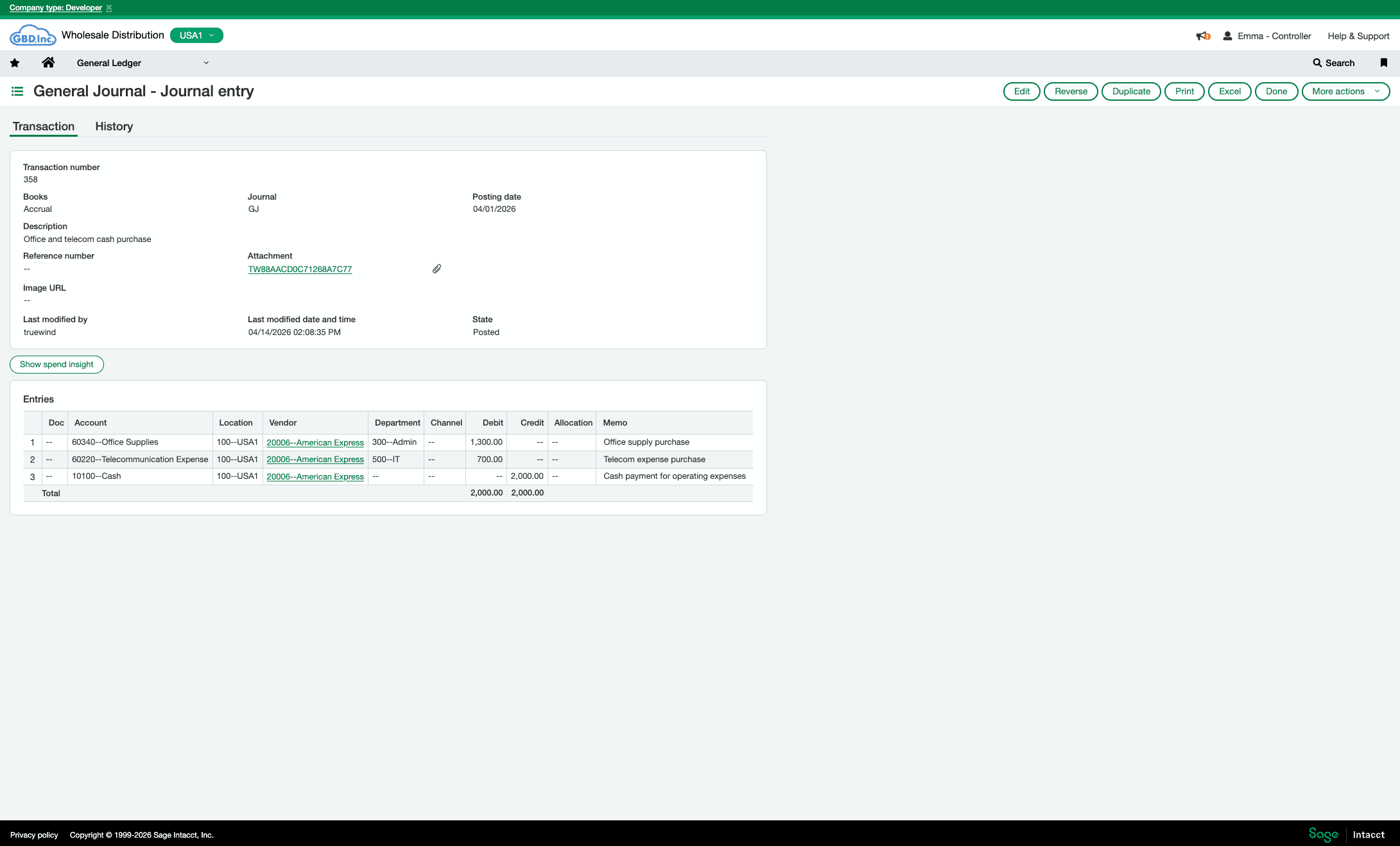 Screenshot showing In Sage, you will see attachments saved in the configured attachment folder and in Journal Entry