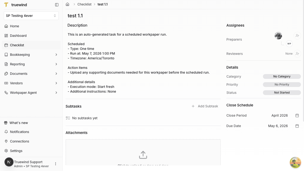 Screenshot showing the linked checklist task with the scheduled run description, timing, and close-period details visible.