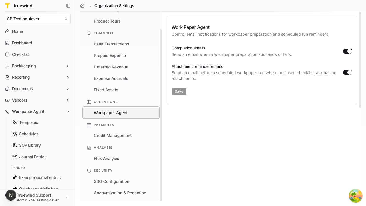 Screenshot showing the Work Paper Agent notification settings card with the Attachment reminder emails toggle enabled.