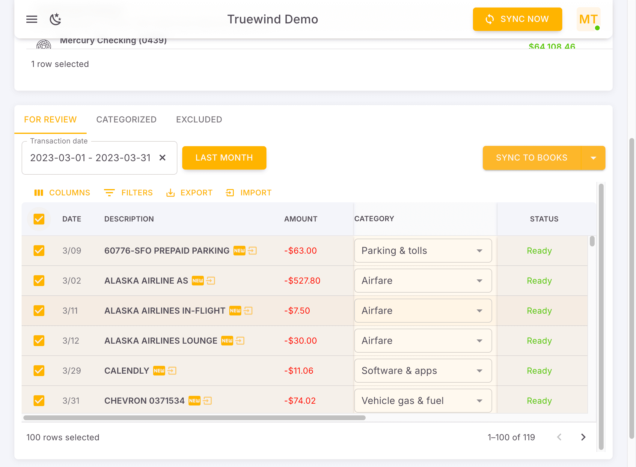 Screenshot showing You can select all transactions in one page or select the ones you want to sync. Truewind allows to sync transactions up to 100 once