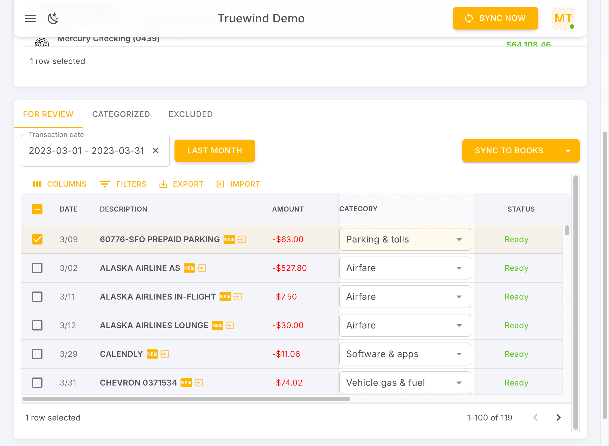 Screenshot showing Once transactions have been synced, these transactions go from For Review to Categorized