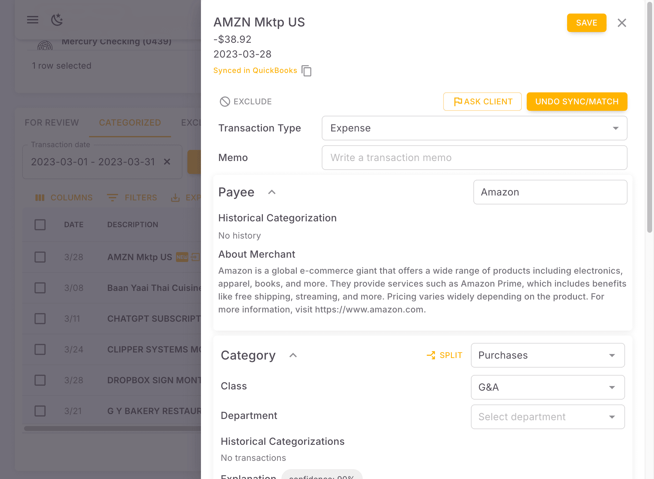 Screenshot showing You can check the synced transaction by clicking "Synced in QuickBooks". It will direct you to QuickBooks page