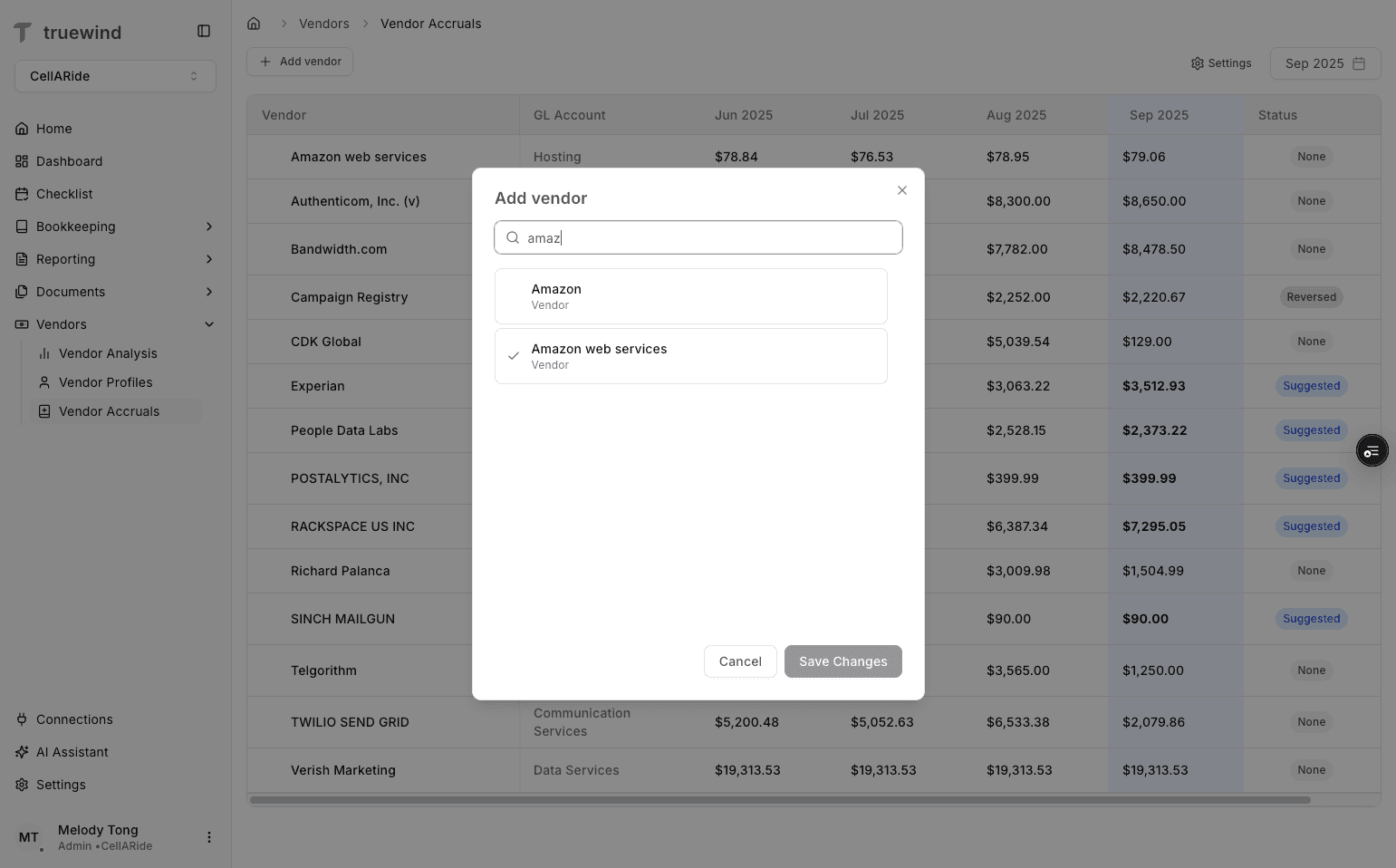 Screenshot showing vendor selection in Vendor Accruals