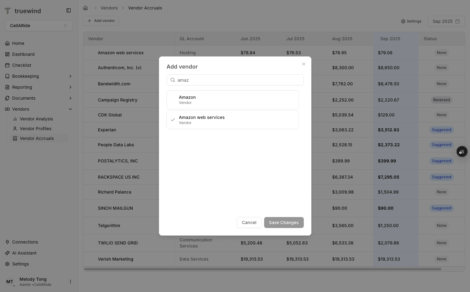 Screenshot showing Save Changes in Vendor Accruals