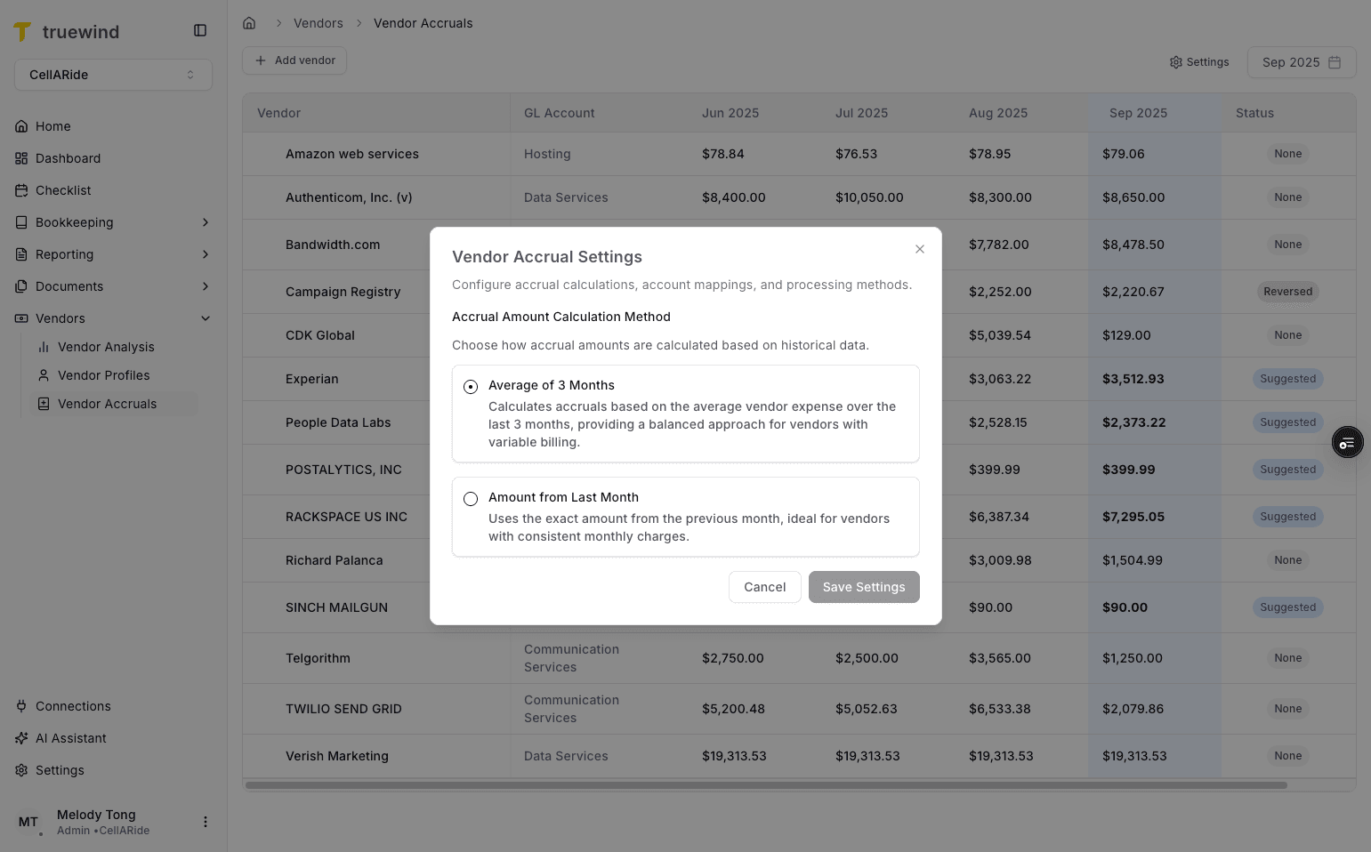 Screenshot showing Vendor Accrual Settings