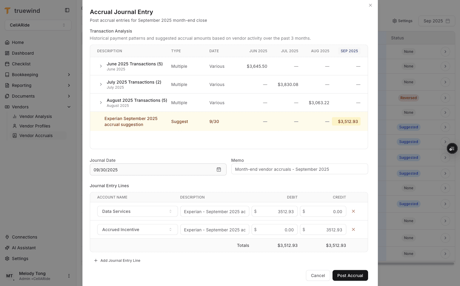 Screenshot showing the transaction history and drafted accrual entry