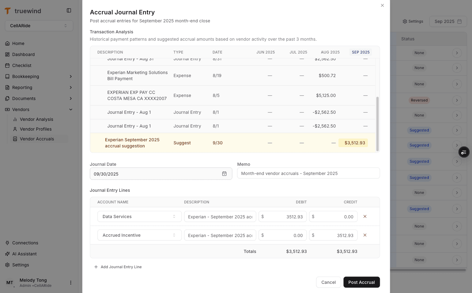 Screenshot showing the estimated accrual amount in Vendor Accruals