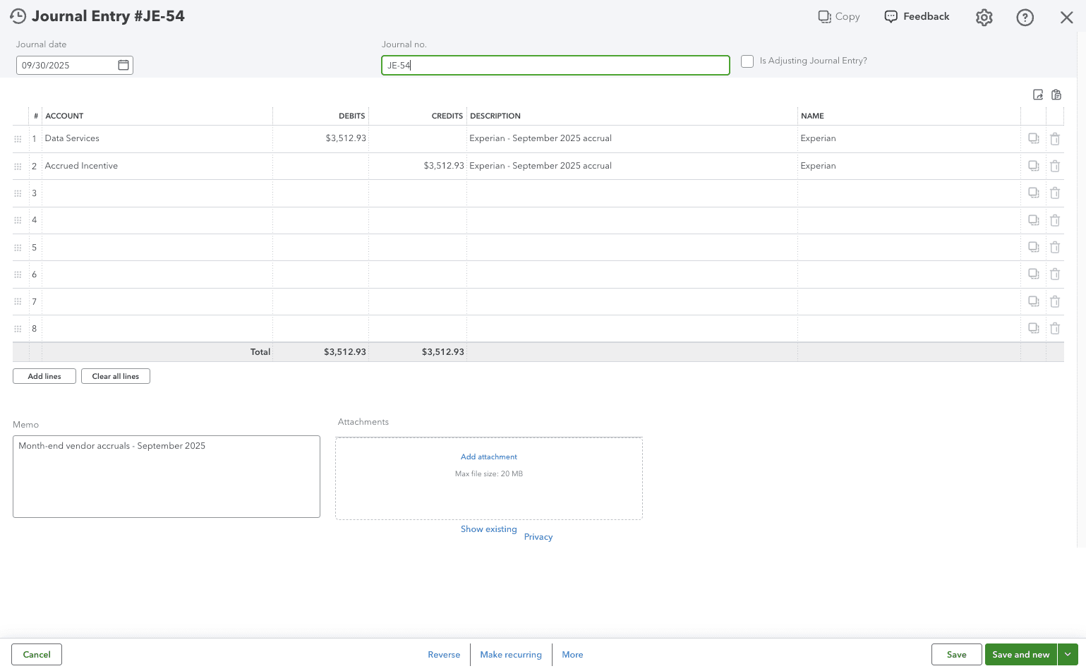 Screenshot showing the posted accrual Journal Entry in the ERP