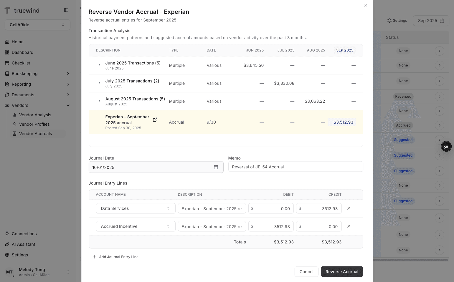Screenshot showing Reverse Accrual in Vendor Accruals