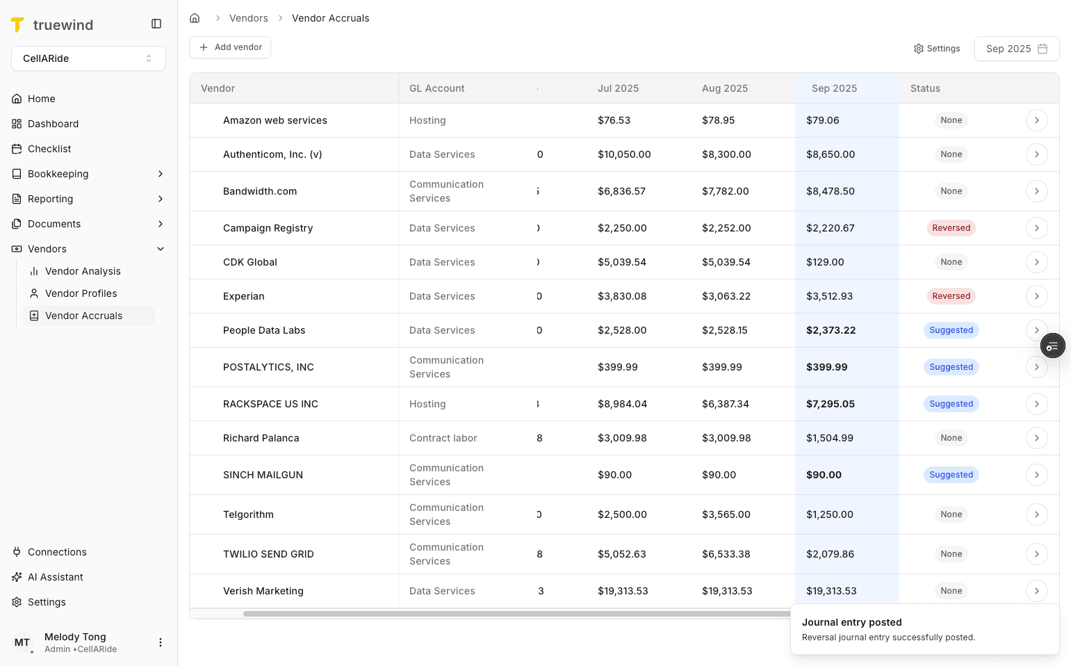Screenshot showing the Reversed status in Vendor Accruals