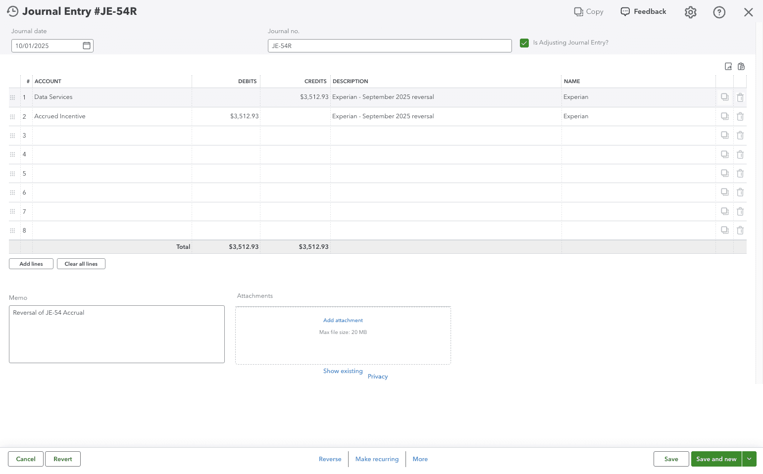 Screenshot showing the posted reversal Journal Entry in the ERP