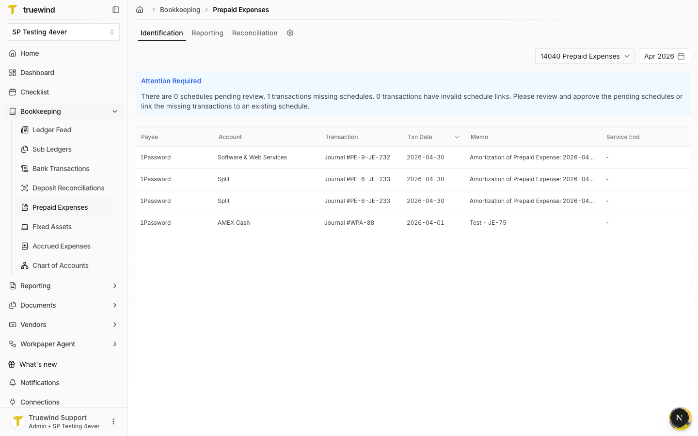 Prepaid Expenses page showing Identification, Reporting, and Reconciliation tabs
