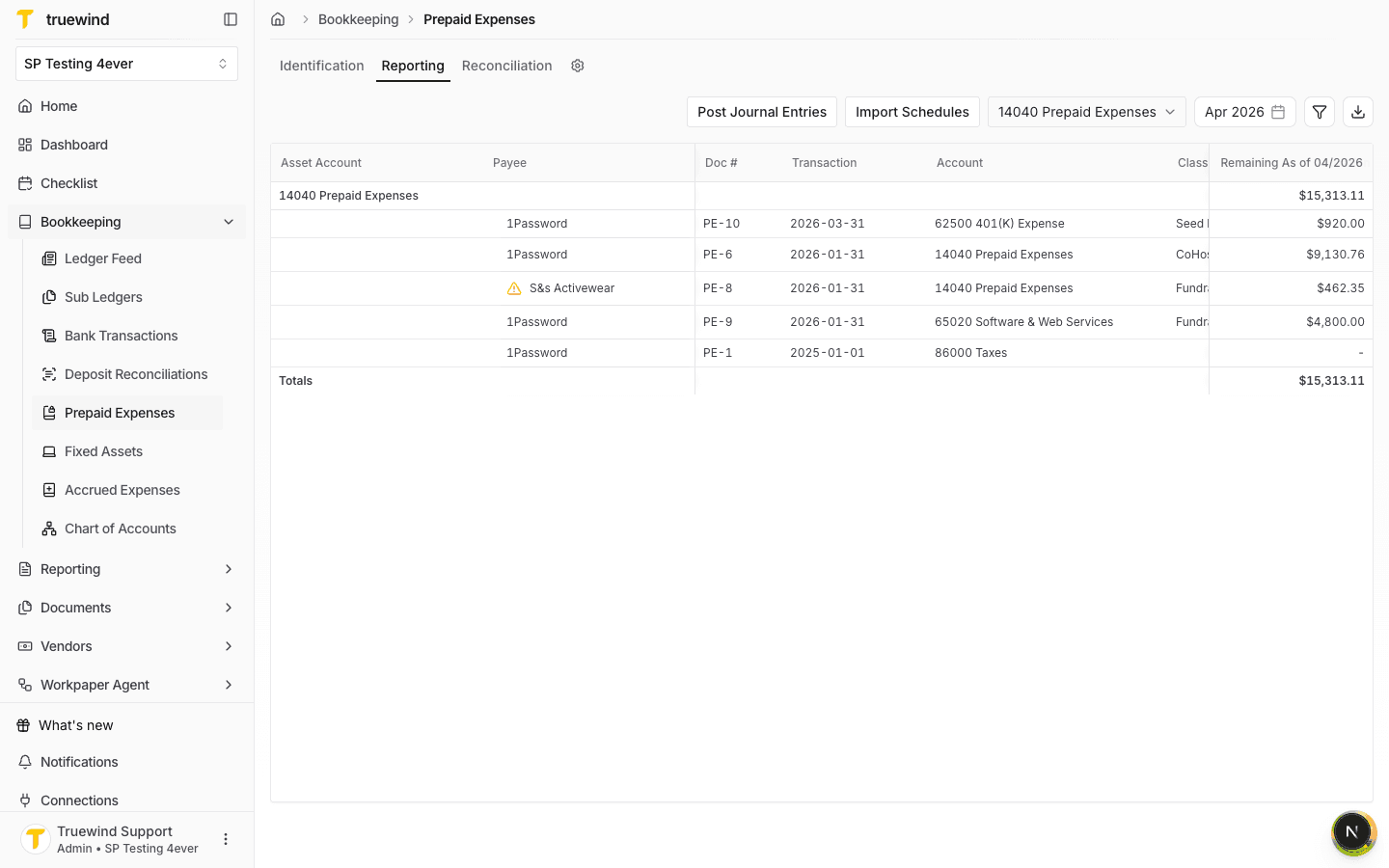 Reporting tab showing prepaid schedules for 14040 Prepaid Expenses