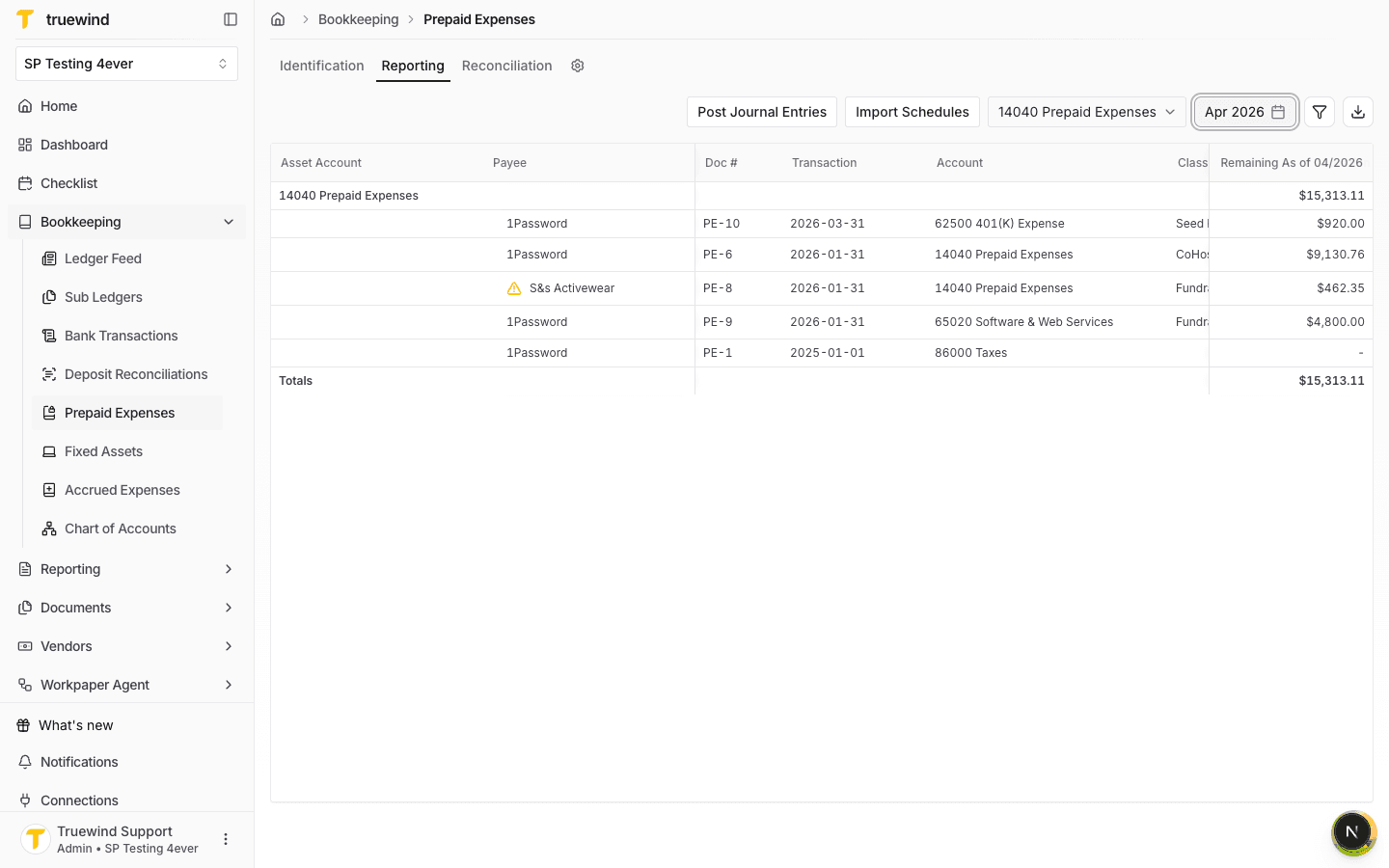 Reporting grid showing prepaid schedule rows and totals